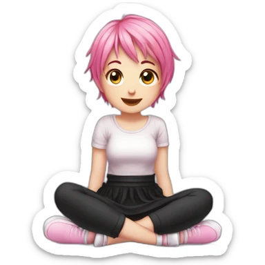 Full body Front view curvy emo girl pink hair sits on the floor straight view hands up black skirt белые трусики полосатые рваные чулки sticker