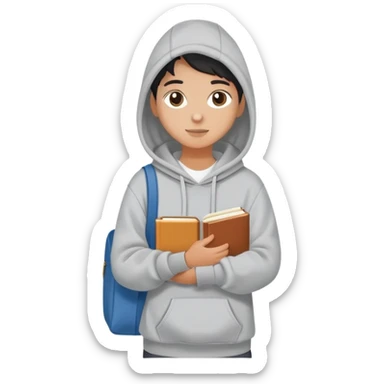 A flat-style illustration of a college student with a tote bag over the shoulder and a book in one hand. The student wears a hoodie. Clean cartoon style, white background, iOS emoji aesthetic. sticker