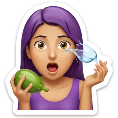 surprised woman eating an eggplant, eggplant squirting a stream of water, expressive face sticker