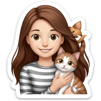 smiling girl with long hair holding a cat with silver stripes sticker