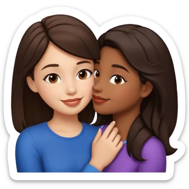 A girl kisses her friend The girls' hair color is dark brown.  sticker