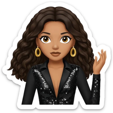 Monica Arnold, R&B Singer with long dark brown hair, black sequin outfit, tan skin sticker