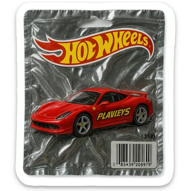 red Ferrari car with the word 'PLAVLEYS' in racing style lettering on the side, inside a Hot Wheels blister package, glossy and puffy, vacuum-sealed style sticker