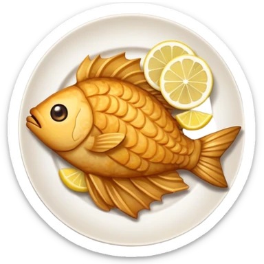 Create a detailed emoji of 'Cazón en adobo,' a traditional Spanish dish from Andalusia. The emoji should show golden-brown, crispy fried fish pieces with a slightly irregular shape, arranged on a small plate or paper wrap. The fish should look crunchy, with a few visible seasonings or texture on the batter. Optionally, include a small wedge of lemon on the side for garnish. The style should match standard food emojis, with a clean and appetizing appearance. sticker