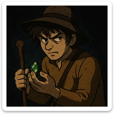 Peter the goatherd from the 1978 Heidi series, as a suspicious character, holding a mysterious object, vintage anime style, with a dark twist sticker