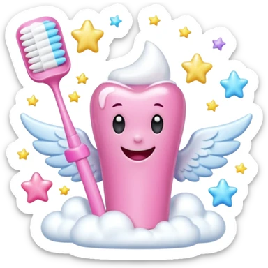 Giant cartoon toothbrush, pink toothbrush, cute molar character with angel wings, tube of pastel toothpaste, sparkles, magical sparkles, shooting stars, fluffy white clouds, soap bubbles, floating tooth fairy coins. sticker