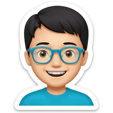 Chico de 7 años, pelo negro y repeinado, piel oscurita pero no mucho, gafas rectangulares azules, sonriente sin 1 diente, jersey verde turquesa y ojos algo rasgados sticker