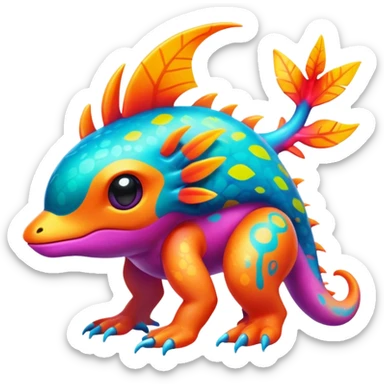 Exotic futuristic lush warm-colored neon tropical Fakémon-Fionbri-creature with cool-colored splash markings  sticker