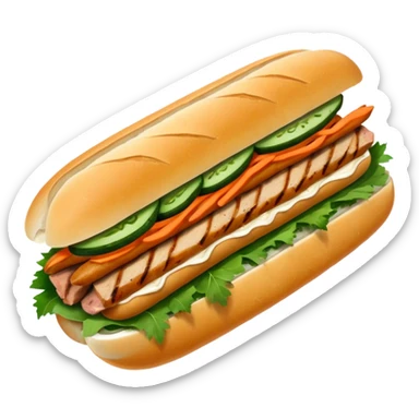 traditional banh mi with char grilled pork emoji 


    Very crusty baguette

    Mayo 

    Pickled carrot 

    Cucumber, coriander/cilantro, green onion, chilli 
 sticker