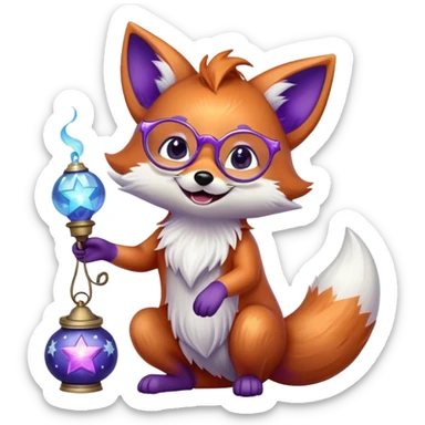 A small magical fox with shimmering purple and blue fur, a glowing fluffy tail, a silver star on its forehead, and round glasses, holding a tiny magical lantern, rolling on the floor and laughing uncontrollably. 🦊🤣 sticker