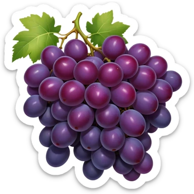 Cinematic Realistic Grapes Emoji, Clustered together in rich purple hues, with smooth, plump skins reflecting light in a glossy, delicate sheen. The stems curve slightly, holding the clusters together like a sweet, natural treasure. Soft glowing outline, capturing the essence of natural sweetness and richness in a bunch of ripe grapes! sticker