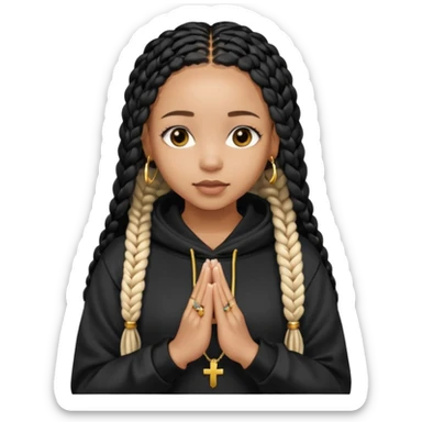 African American girl light skin with long black box braids and plain black hoodie with prayer hands sticker