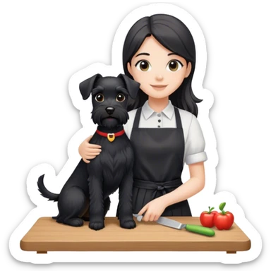 pale smiling girl with long back hair wearing black long shirt wearing apron holding black  schnauzer sticker