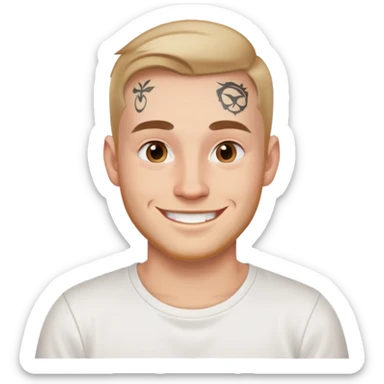 white man with small face tattoo, smiling, wearing a white t-shirt sticker