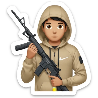 
Fais moi un jeune taliban qui ressemble qui tient une AR15 avec un hoodie a capuche, capuché, avec la cagoule nike therma fit hood sticker