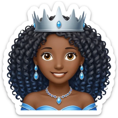 Por favor hazme el emoji de la princesa pero morena con el pelo negro y rizado y largo, los ojos marrones y la corona plateada con jollas azules sticker