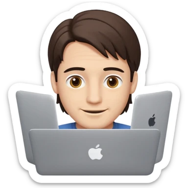 A man in his mid 20s, middle part average dude with slightly droopy eyes, happy, using a MacBook, hero for an iOS developers website sticker
