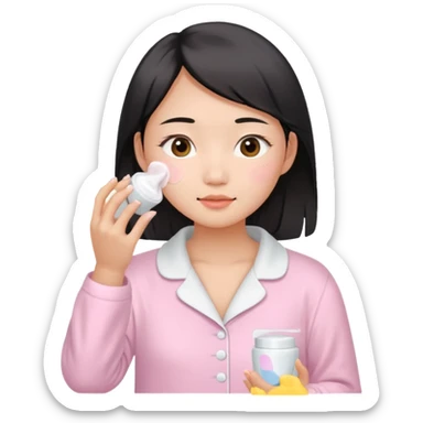 angelic asian girl doing skin care in baby pink pajamas, applying cream to her face sticker