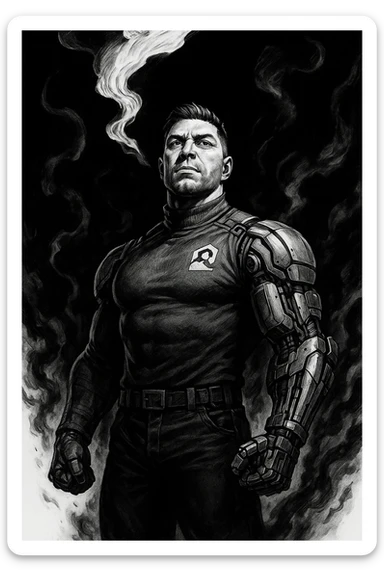 Black and white comic book panel of an extremely muscular Italian man with cybernetic implants standing in the dark, surrounded by smoke. He is wearing a long-sleeved shirt with a high collar, and his chest is sculpted. sticker
