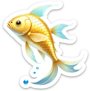 Ethereal golden fish with translucent glowing scales transforming into or carrying a shining golden omega-3 capsule. The fish appears magical and flowing, with streams of light connecting it to the capsule. Both elements emit a soft radiant glow in a dreamy atmosphere with subtle blue undertones. sticker