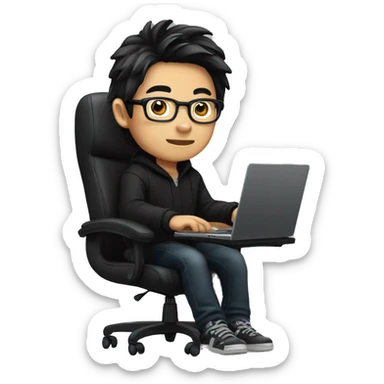 asian boy with glasses, long hair working, wearing black clothes , on his laptop seating on a gaming chair sticker