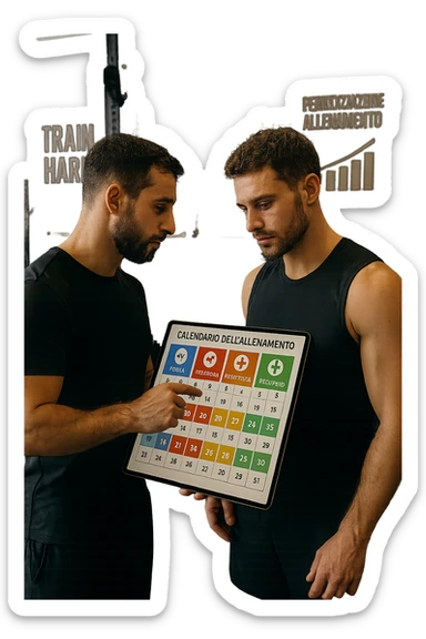 realistic cinematic photo a personal trainer and a client stand in a modern gym, reviewing a large, color-coded training calendar or chart on a tablet. The calendar shows different phases (strength, hypertrophy, endurance, recovery) with icons and dates. Around them, gym equipment and motivational posters reinforce the idea of structured, periodized training. in italiano sticker