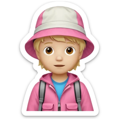 A little boy student white skin, blonde hair, with white bucket hat, orange jacket, pink backpack sticker
