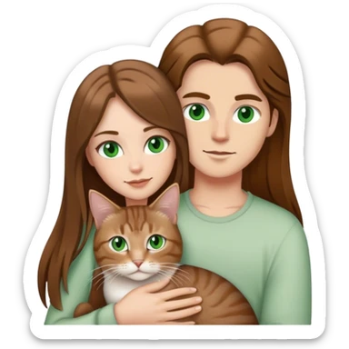 white couple with brown hair, woman has long hair and green eyes .they’re holding a tabby cat  sticker