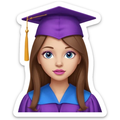 girl with gorgeous long brown hair, blue eyes, long lashes makeup, sexy pink lips, wearing a purple graduation cap and gown sticker