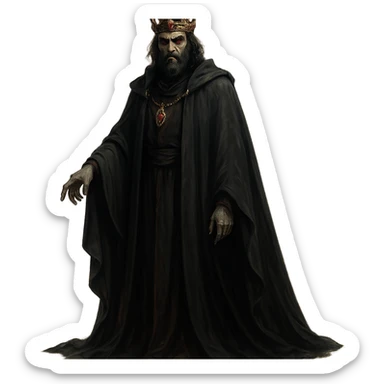 prince of darkness, regal yet sinister, wearing a crown and flowing dark robes, fully depicted sticker