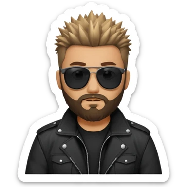 biker gang with black sunglass and rugged and bulky guy bearded spicks hair black jacket sticker