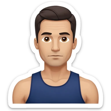 Athletic 40-year-old man with light brown skin, elongated face, strong jawline. Confident expression with medium dark eyes, arched eyebrows. Wavy dark hair in modern cut. Wearing a navy blue tank top showing fit physique. sticker