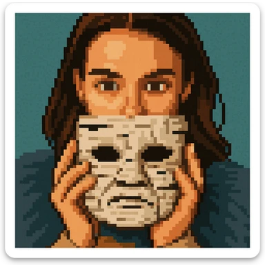 Create a pixel art style image of a woman holding a birch tree mask, inspired by the reference image. The style should reflect pixel art characteristics with clear pixelated details and colors. sticker