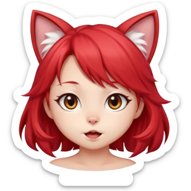 very cute anime cat-girl with small cat ears, red blowing hair sticker