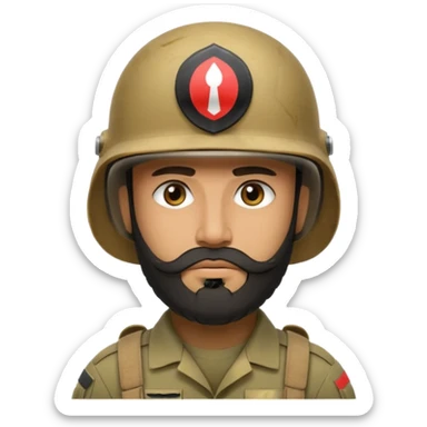 VERY TIRED, swarthy, Iraqi soldier in a helmet, helmet without insignia, with a beard sticker