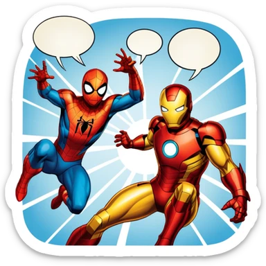 Icon for Vintage Comics and Manga: an open comic book with retro Marvel-style artwork, featuring iconic superheroes like Spider-Man and Iron Man, with speech bubbles and action lines. The icon should capture the dynamic and colorful nature of classic comics and manga. Transparent background. sticker