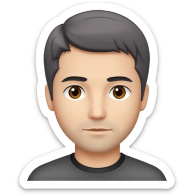 Description: dark gray straight hair combed forward, crop haircut, light stubble, brown eyes.
Image: barber sticker