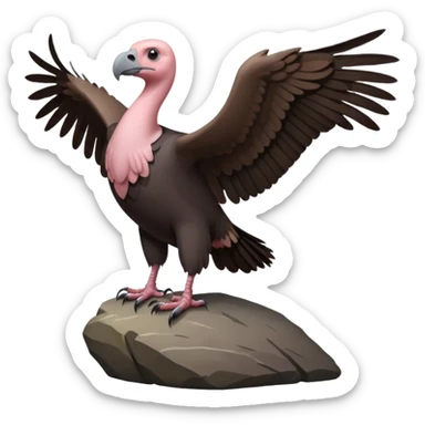 a vulture — large bird with dark brown feathers, bald pinkish head, curved beak and sharp eyes — standing proudly on a rock — wings slightly open — realistic yet cute cartoon emoji look, clean lighting, soft shadows. sticker