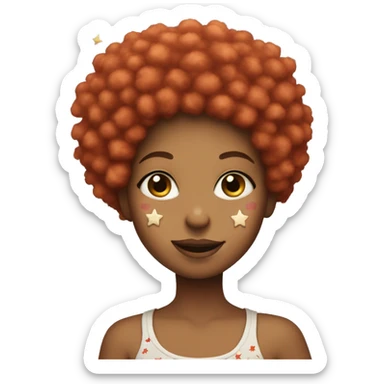 Girl with sandy red afro holding up the peace sign with stars on face sticker