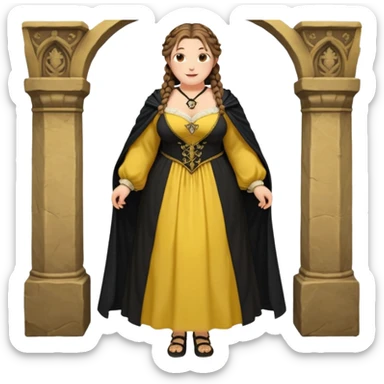 Helga Hufflepuff,brown-haired,2 braids,yellow-black medieval open dress,deep neckline,fat macromastia,black cloak decorated with gold braiding,gold cup with two handles,very kind smile,curvy busty sweet woman,round rosy cheeks,full length with medieval shoes sticker