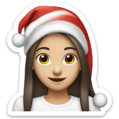 White skinned girl with long dark brown straight hair with a Santa hat on smiling sticker