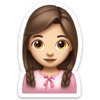 cute girl with dark long straight brown hair with pink bow in hair on the side white skin tone and pink shirt sticker