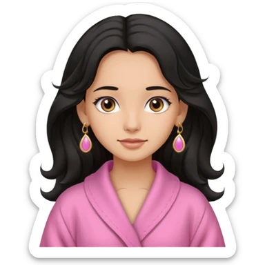 A girl who has long wavy black hair, has slightly tan skin tone, wering a pink robe, has pale brown eyes, wearing cute earring sticker