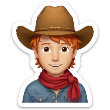 a wavy orange hair boy wearing a cowboy hat with a mischievous grin and freckles with western red scarf on his neck sticker