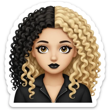 split dye leftside blonde rightside black-brown curly hair, baddie, pretty makeup, black eyeliner, long and curly hair sticker