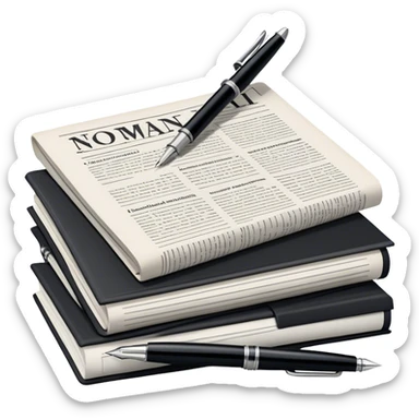 Create an emoji representing journalism and publicistic writing. The design should feature a stack of newspapers, an open notebook, and a single classic fountain pen placed on top of the notebook, symbolizing the act of writing. The scene should convey a sense of professionalism and thoughtful analysis. Use a neutral and professional color palette, with black, white, and muted tones. Do not include any emojis or smiley faces. Make the background transparent. sticker