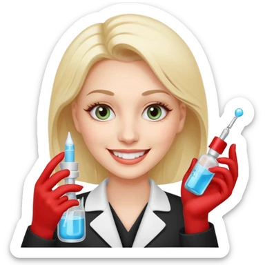 A smiling beautician with cold, calculating eyes, pointing at your cheek while holding an expensive serum bottle. Fake smile, predatory vibe. sticker