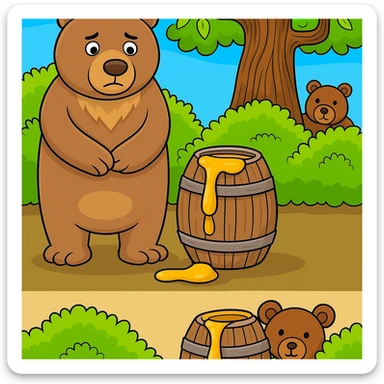 Create a variation of the cartoon bear and honey barrel scene for a 'find the three differences' quiz. Make three subtle changes: alter the bear's expression slightly, change the shape of the honey in the barrel, and add or remove a small background detail. Keep the style and layout consistent with the original image. sticker