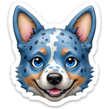 Cinematic Comical Blue Speckle Australian Cattle Dog Portrait Emoji, Head tilted dramatically with an exaggeratedly amused expression, featuring a striking blue speckle Fur with bold patterns, wide, expressive blue eyes filled with playful disbelief, Simplified yet hilariously expressive features, highly detailed, glowing with a slightly sassy glow, high shine, dramatic yet playful, stylized with an air of cheeky charm, bright and endearing, soft glowing outline, capturing the essence of a spirited and over-the-top herder, so meme-worthy it feels like it could side-eye its way into internet fame instantly! sticker