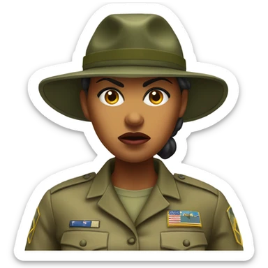 a female drill sergeant character wearing a classic sergeant hat and a camouflage army shirt. The character should have an angry intense expression. full torso sticker